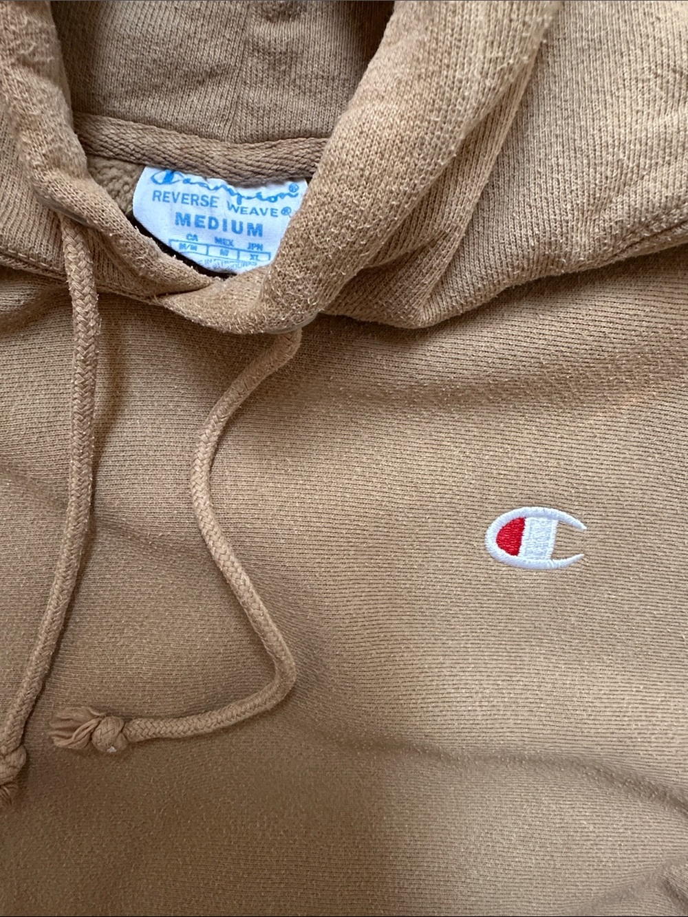 Champion Reverse weave vintage Tan Hoodie sweatshirt with Embroidered C Logo M